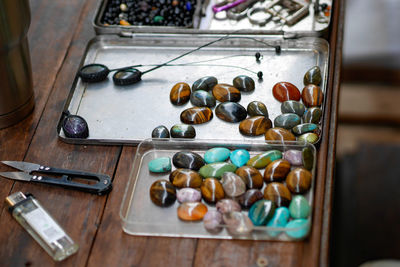 High angle view of various objects on table