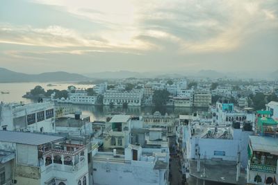 High angle shot of townscape against sky