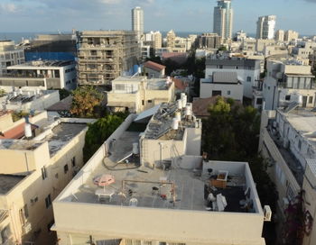 High angle view of buildings in city