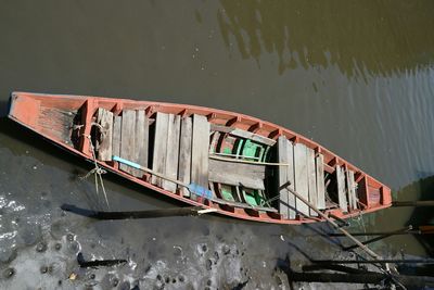 High angle view of boat moored at lake