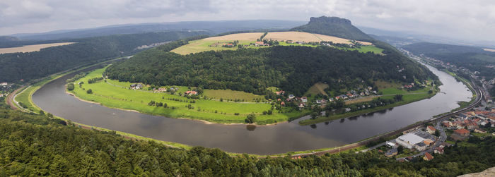 High angle view of trees on field against sky