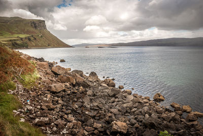 Scenic view of lake against cloudy sky