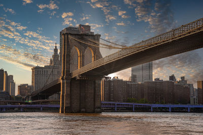 Magical sunset view of the brooklyn bridge. empty bridge with no people during lockdown