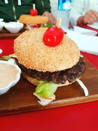 Close-up of dessert served on table