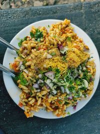 High angle view of food served in plate