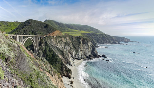 Scenic view of sea and mountains against sky