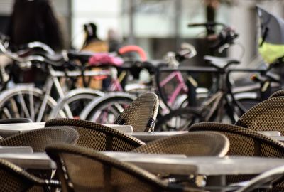 Close-up of bicycles on table