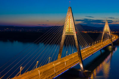 Aerial view of the beautiful illuminated megyeri bridge over river danube at sunset