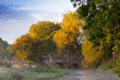 Bridge over river amidst trees against sky during autumn