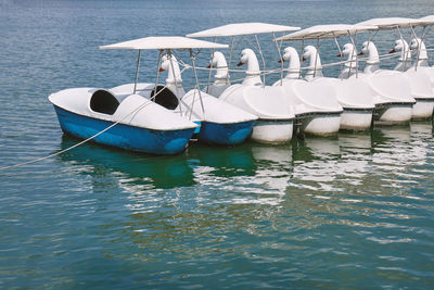 High angle view of boats moored in sea