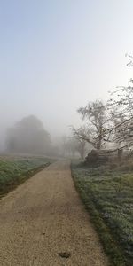 Road amidst field against sky during foggy weather