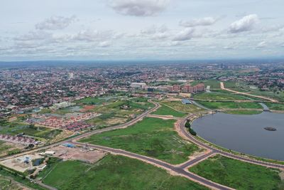 High angle view of cityscape against sky