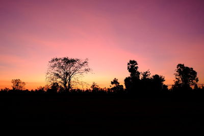 Silhouette trees on field against romantic sky at sunset