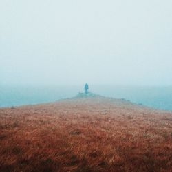 Scenic view of field against sky during foggy weather