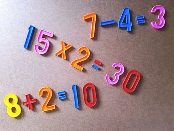 Directly above shot of colorful plastic numbers on table