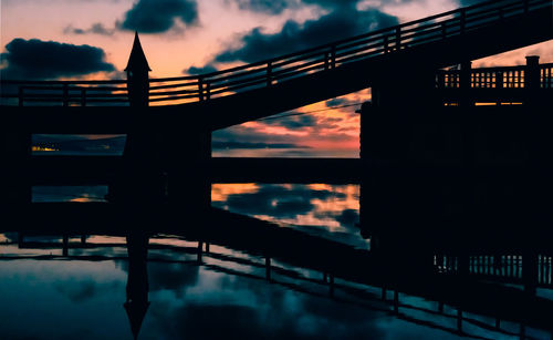 Silhouette bridge by building against sky during sunset