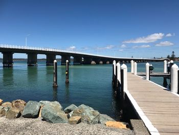 Bridge over river against blue sky