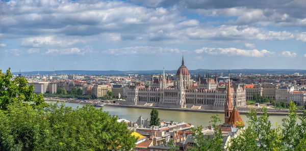 Panoramic view of the danube river and parliament building in budapest, hungary, on a summer day