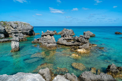 Scenic view of rocks in sea against blue sky