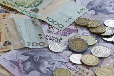 Close-up of coins on paper