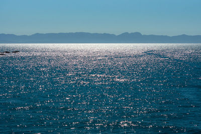 Scenic view of sea against clear blue sky