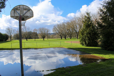 Scenic view of golf course against sky