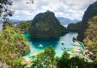 Scenic view of lake against cloudy sky