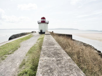 Lighthouse by sea against sky