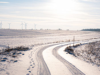 Snow covered landscape against sky