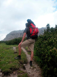 Rear view of man looking at mountain against sky