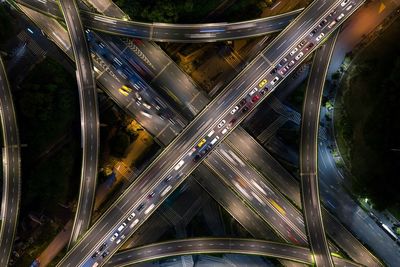 High angle view of light trails on elevated road