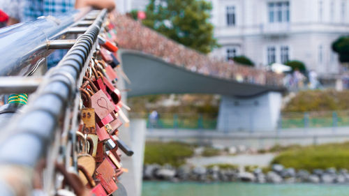 Close-up of padlocks on bridge