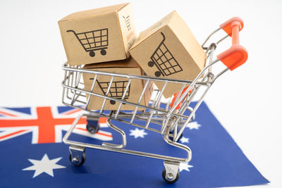 Close-up of shopping cart against white background