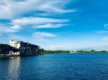 Scenic view of sea by buildings against sky