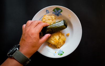 Midsection of person holding food in plate