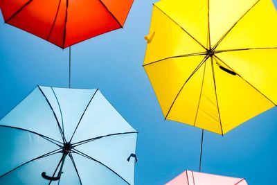 Directly below shot of colorful umbrellas against clear sky