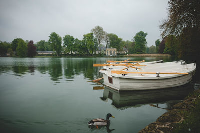 Boats moored in lake against sky