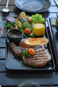 High angle view of food in plate on table