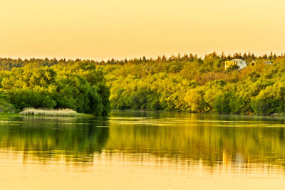 Scenic view of lake by trees against clear sky