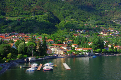 Lake with built structures against lush foliage