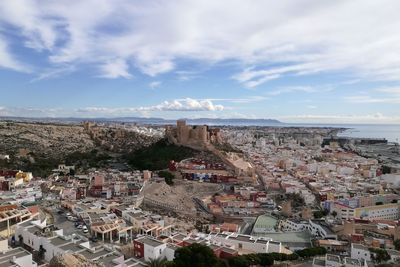 Aerial view of town against sky