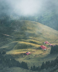 High angle view of land against sky