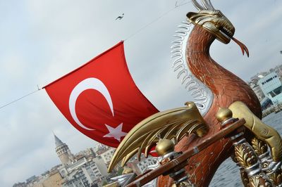 Low angle view of statue in city against sky