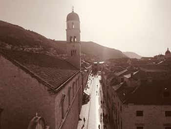 High angle view of bell tower against clear sky