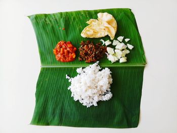 Directly above shot of vegetables and leaves on white background