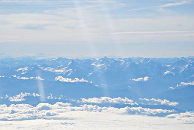 Scenic view of snow covered mountains against sky