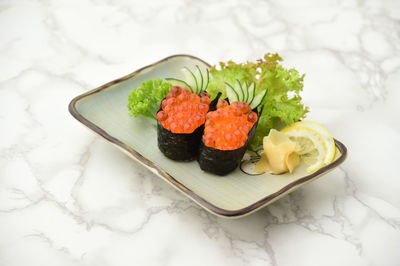 High angle view of sushi in plate on table