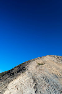 Low angle view of mountain against clear blue sky