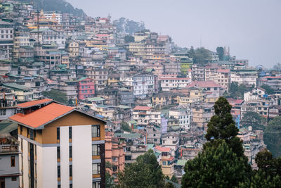 Buildings in city against clear sky