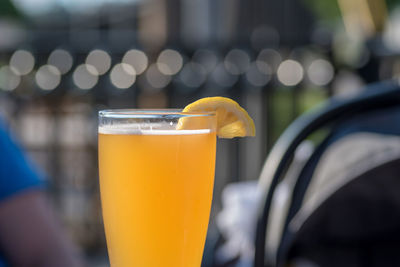 Close-up of beer glass on table